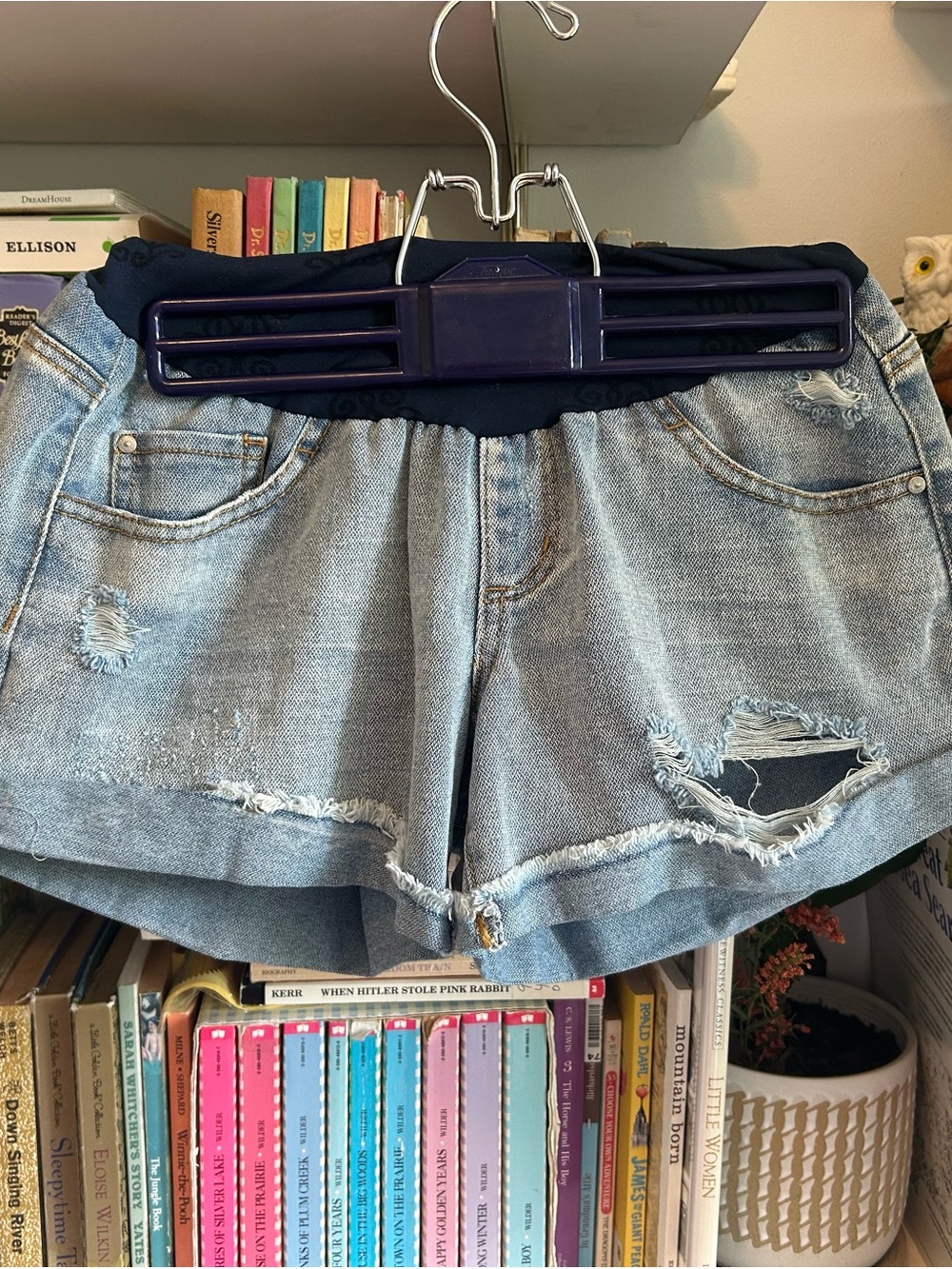 Jessica Simpson Maternity Light Blue Distressed Jean Shorts with Navy Waistband